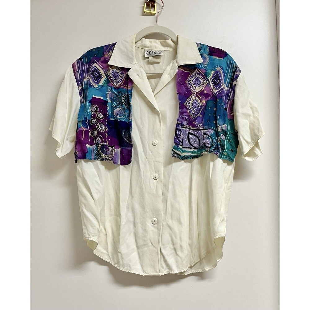 Vintage 90s Expose Purple Geometric Button Down Shirt Short Sleeve Size M